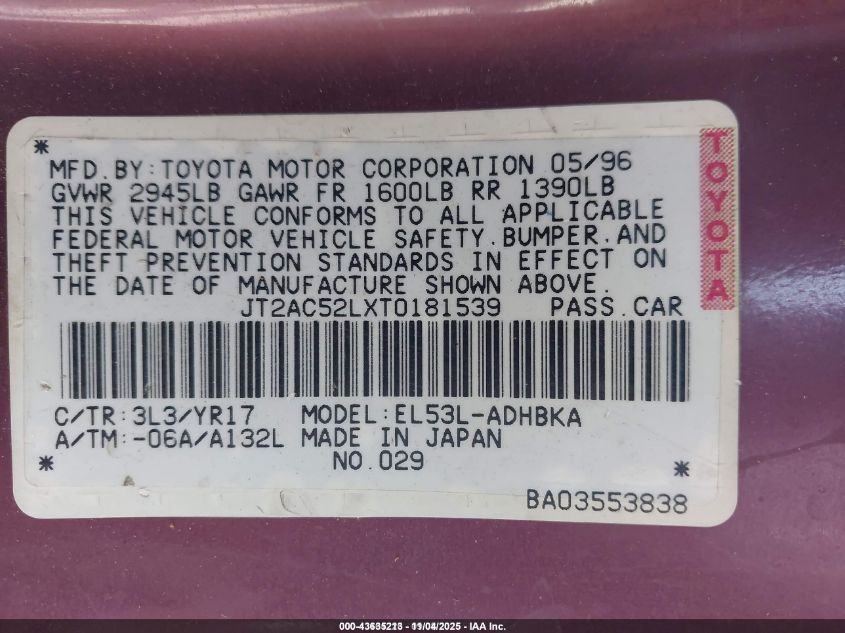1996 Toyota Tercel Std/Dx VIN: JT2AC52LXT0181539 Lot: 43635213