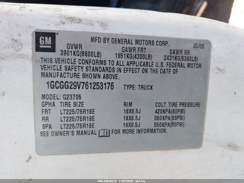 2006 Chevrolet Express Work Van VIN: 1GCGG29V761253176 Lot: 43635218
