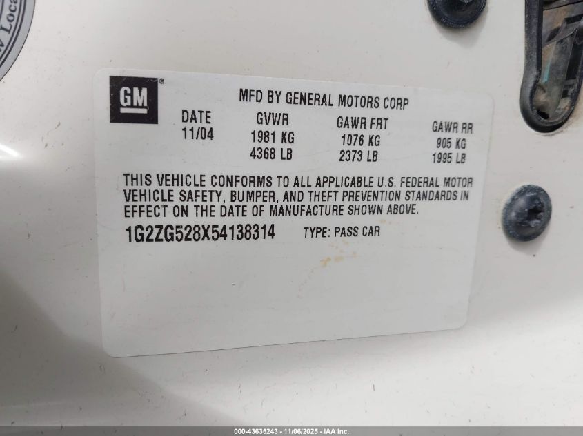 2005 Pontiac G6 VIN: 1G2ZG528X54138314 Lot: 43635243