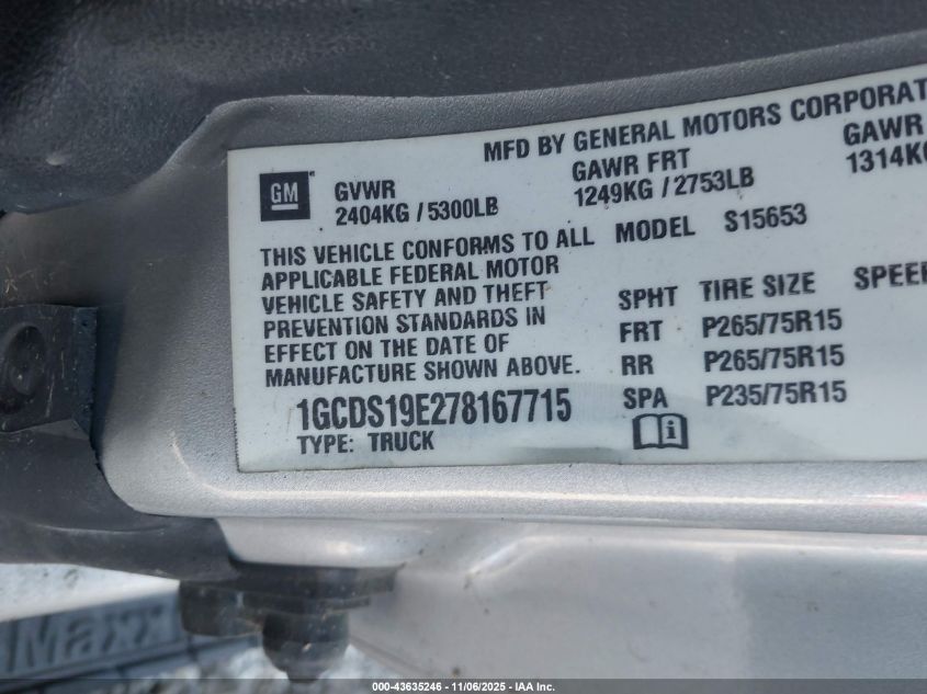 2007 Chevrolet Colorado Lt VIN: 1GCDS19E278167715 Lot: 43635246