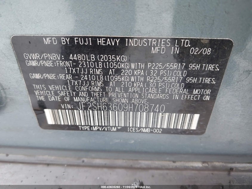 2009 Subaru Forester 2.5X VIN: JF2SH63609H708740 Lot: 43635260