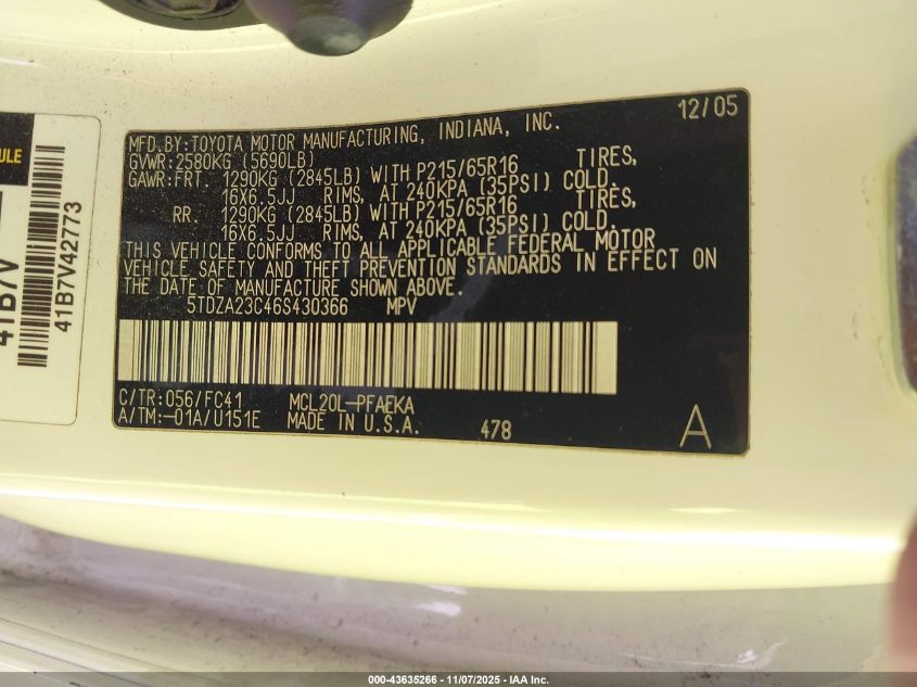 2006 Toyota Sienna Le VIN: 5TDZA23C46S430366 Lot: 43635266