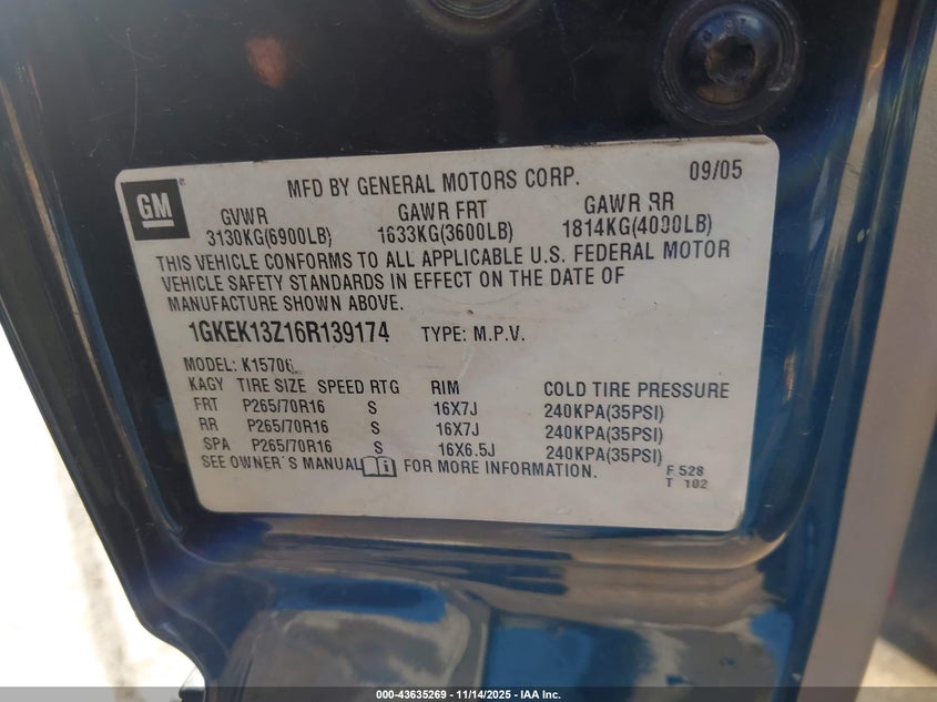 2006 GMC Yukon Sle VIN: 1GKEK13Z16R139174 Lot: 43635269