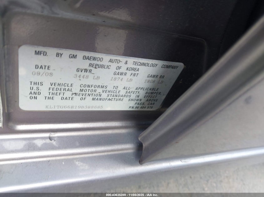2009 Chevrolet Aveo Lt VIN: KL1TG66E19B388685 Lot: 43635289
