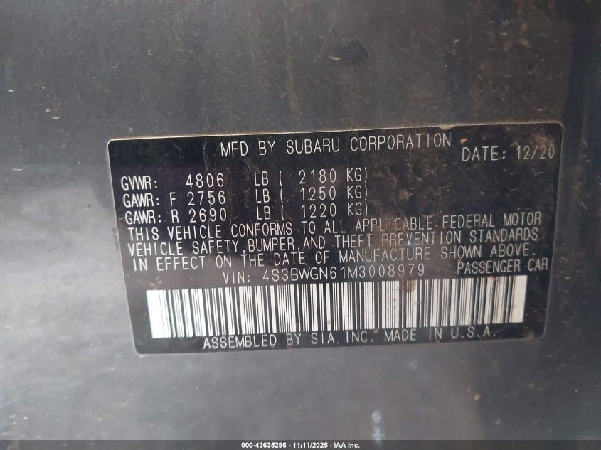 2021 Subaru Legacy Limited Xt VIN: 4S3BWGN61M3008979 Lot: 43635296