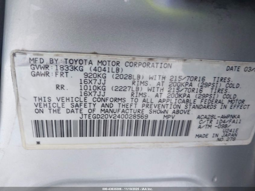 2004 Toyota Rav4 VIN: JTEGD20V240028569 Lot: 43635306