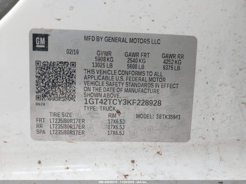 2019 GMC Sierra 3500Hd VIN: 1GT42TCY3KF228928 Lot: 43635310