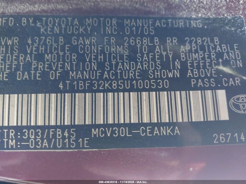 2005 Toyota Camry Le V6 VIN: 4T1BF32K85U100530 Lot: 43635318