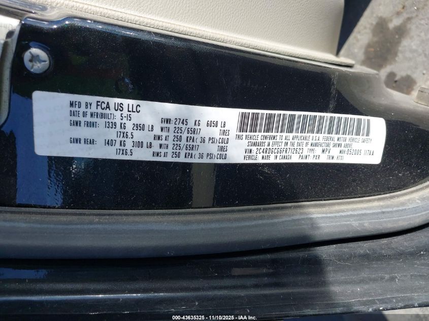 2015 Dodge Grand Caravan Sxt VIN: 2C4RDGCG6FR712623 Lot: 43635325