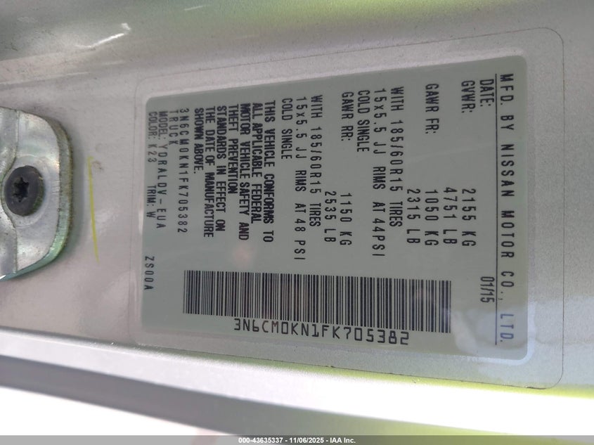 2015 Nissan Nv200 S VIN: 3N6CM0KN1FK705382 Lot: 43635337