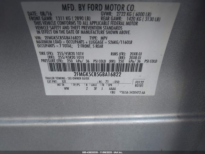 2016 Ford Flex Sel VIN: 2FMGK5C85GBA16822 Lot: 43635339