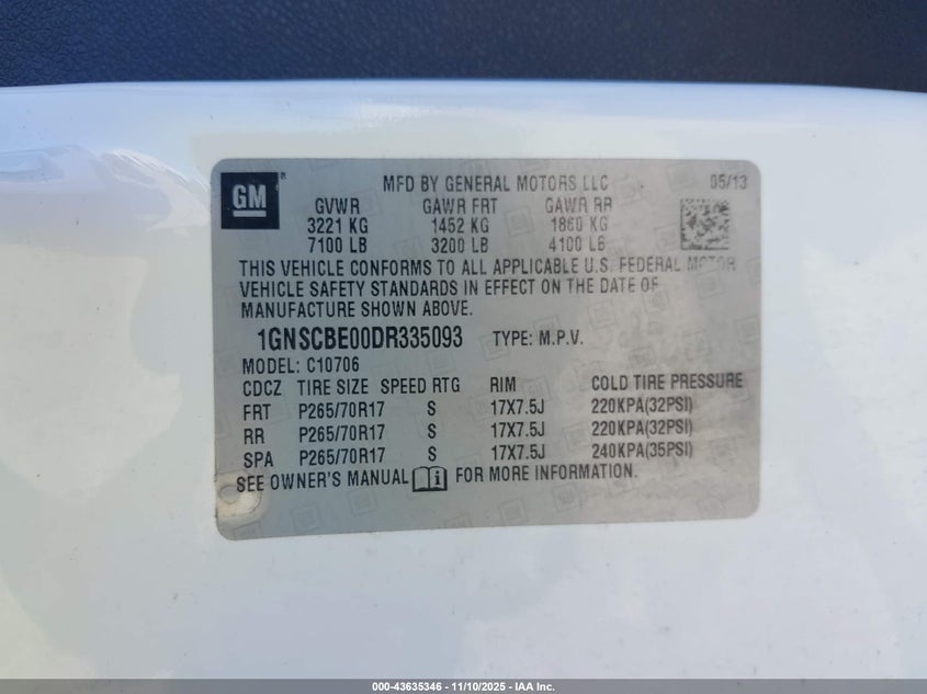 2013 Chevrolet Tahoe Lt VIN: 1GNSCBE00DR335093 Lot: 43635346