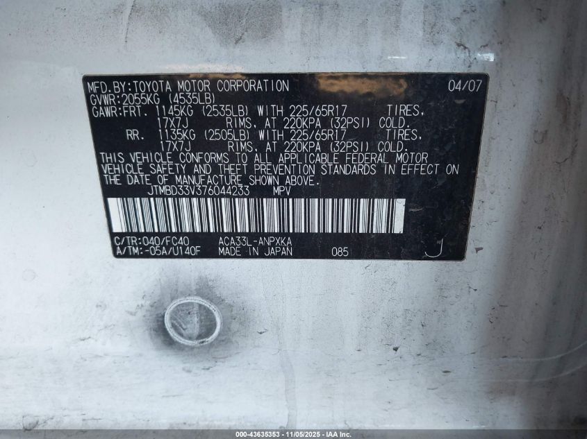 2007 Toyota Rav4 VIN: JTMBD33V376044233 Lot: 43635353