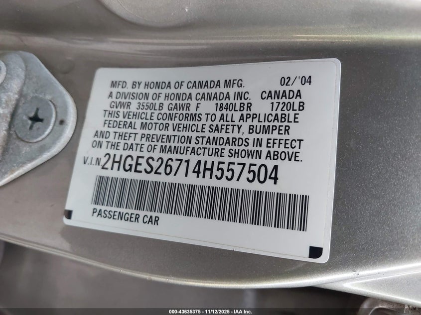 2HGES26714H557504 2004 HONDA CIVIC photo no. 9