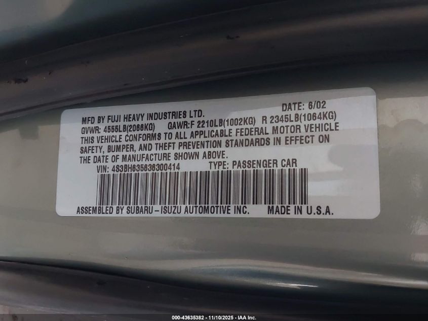 2003 Subaru Legacy L/L W/Special Edition Package/Outback VIN: 4S3BH635636300414 Lot: 43635382