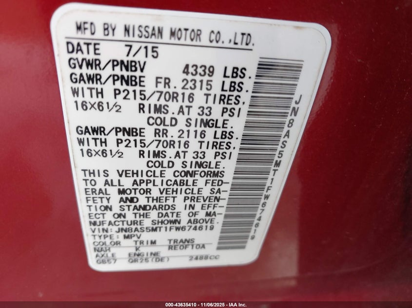 2015 NISSAN ROGUE SELECT S JN8AS5MT1FW674619