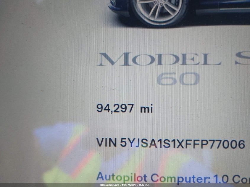 2015 Tesla Model S 60/70/85 VIN: 5YJSA1S1XFFP77006 Lot: 43635423