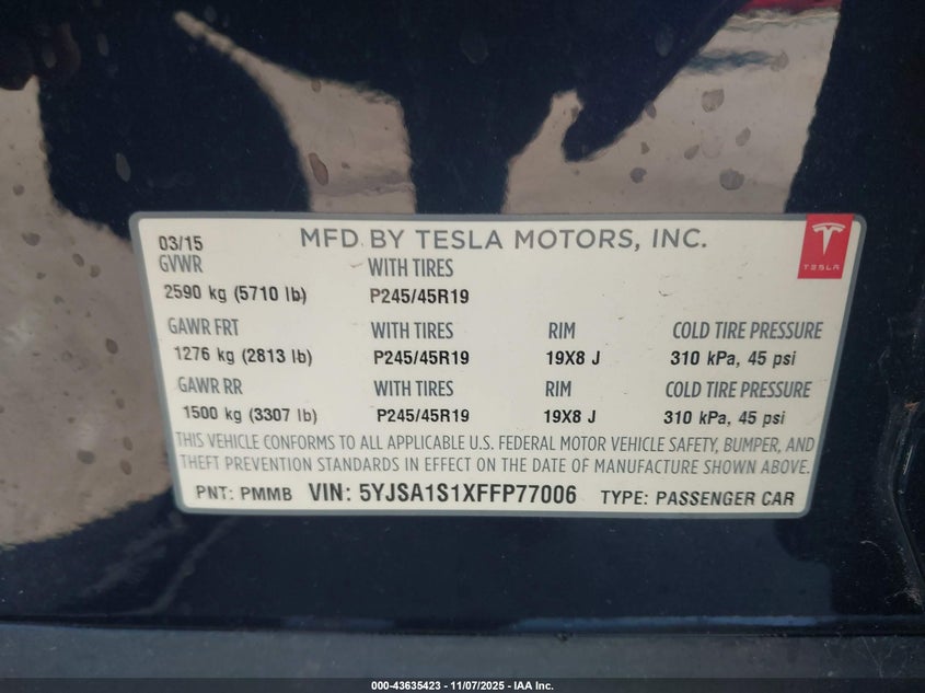 2015 Tesla Model S 60/70/85 VIN: 5YJSA1S1XFFP77006 Lot: 43635423