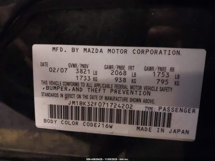 2007 Mazda Mazda3 I VIN: JM1BK32F071724202 Lot: 43635425