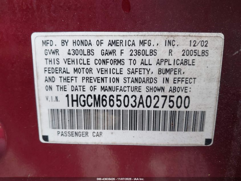 2003 Honda Accord 3.0 Ex VIN: 1HGCM66503A027500 Lot: 43635426