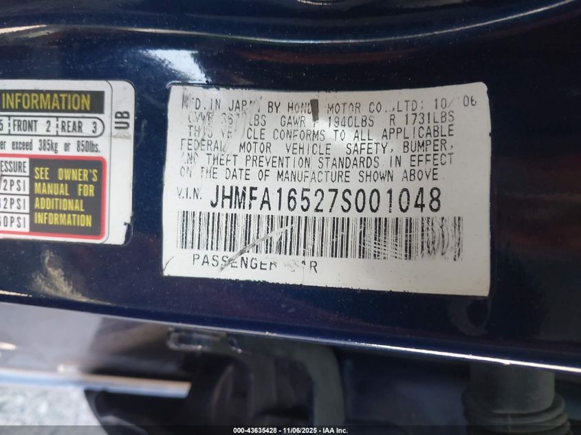 2007 Honda Civic Lx VIN: JHMFA16527S001048 Lot: 43635428