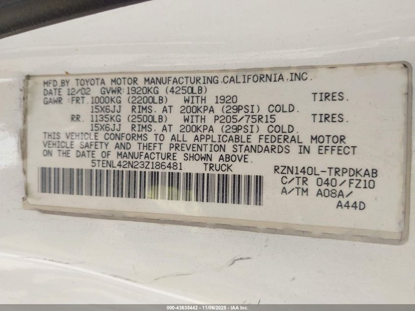 2003 Toyota Tacoma VIN: 5TENL42N23Z186481 Lot: 43635442