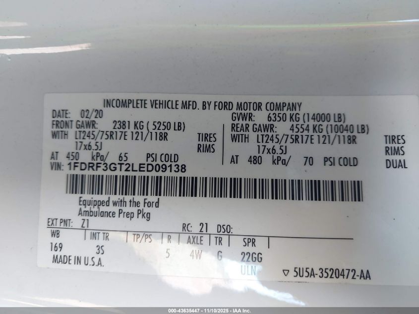 2020 Ford F-350 Chassis Xlt VIN: 1FDRF3GT2LED09138 Lot: 43635447