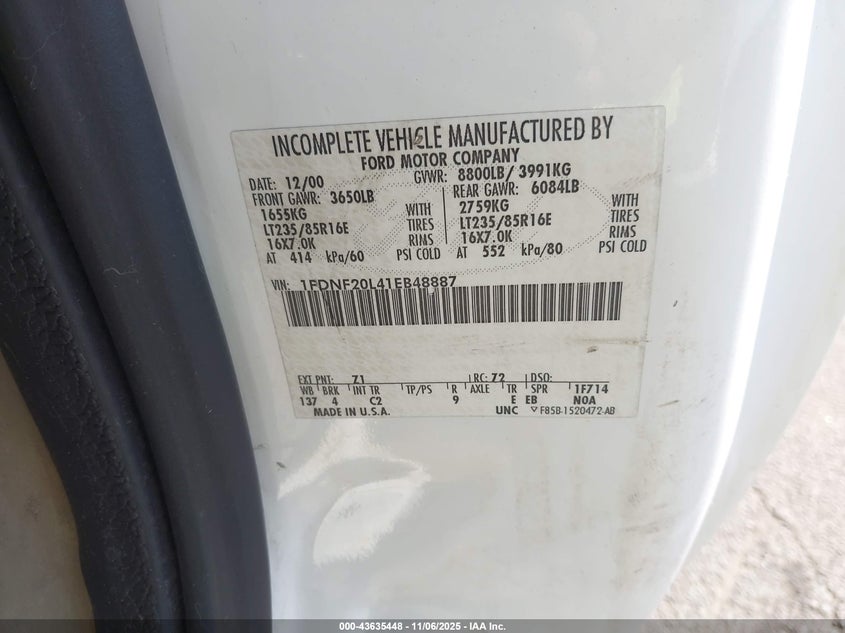 2001 Ford F-250 Xl/Xlt VIN: 1FDNF20L41EB48887 Lot: 43635448