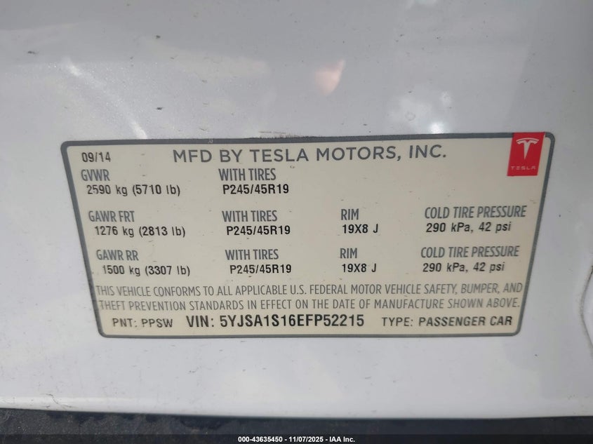 2014 TESLA MODEL S 5YJSA1S16EFP52215
