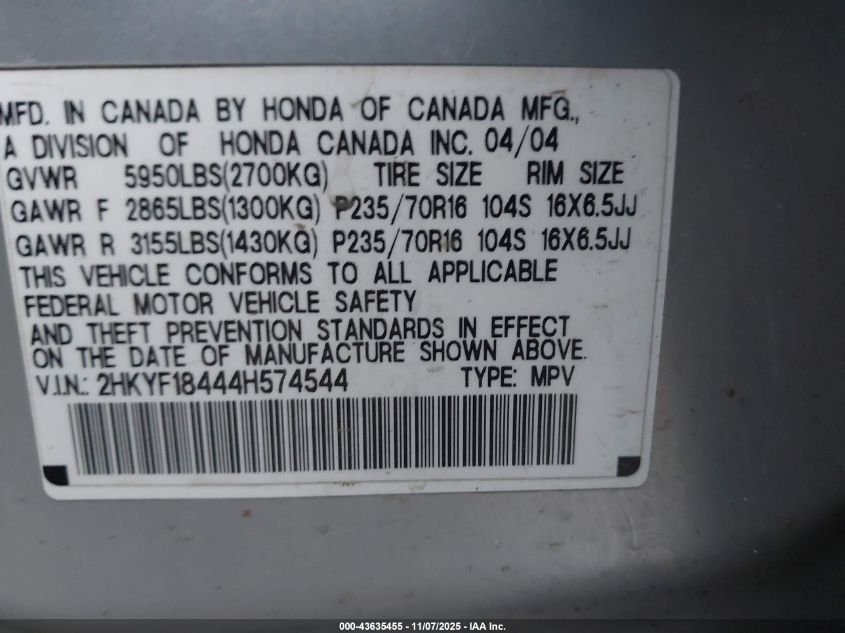2004 Honda Pilot Ex VIN: 2HKYF18444H574544 Lot: 43635455