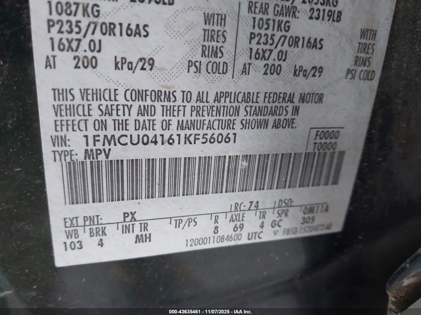 2001 Ford Escape Xlt VIN: 1FMCU04161KF56061 Lot: 43635461