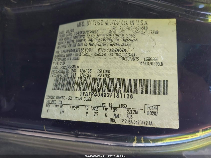 2002 Ford Mustang VIN: 1FAFP404X2F181128 Lot: 43635469