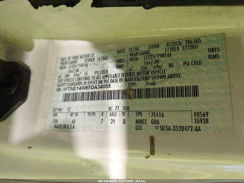 2007 Ford E-150 Commercial/Recreational VIN: 1FTNE14W87DA34055 Lot: 43635475