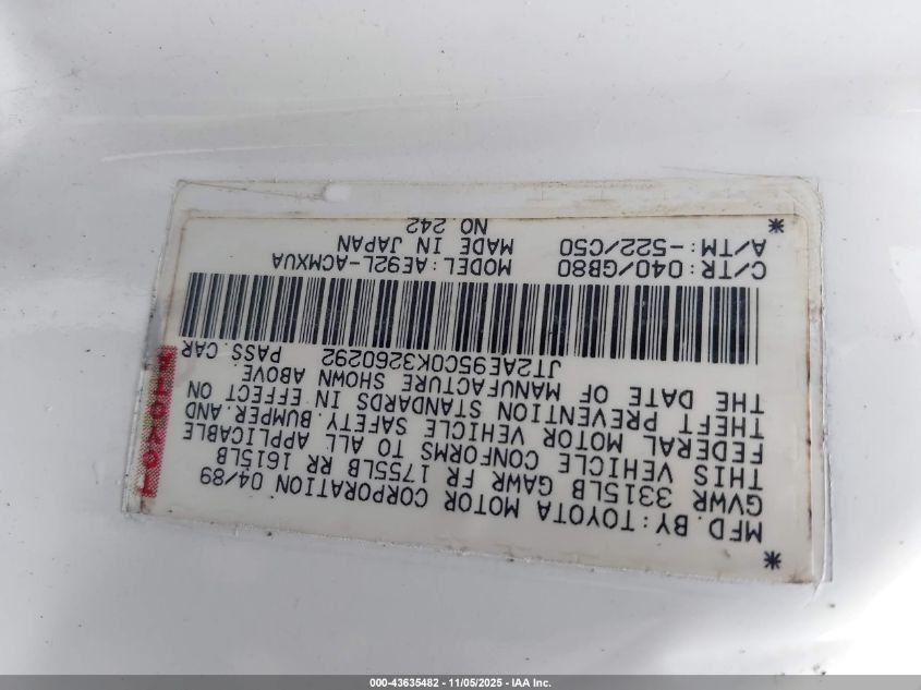 1989 Toyota Corolla Sr5 VIN: JT2AE95C0K3260292 Lot: 43635482