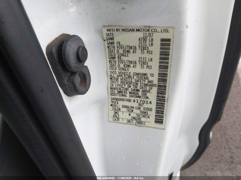 2008 Nissan Frontier Se-I4 VIN: 1N6BD06T48C417014 Lot: 43635483