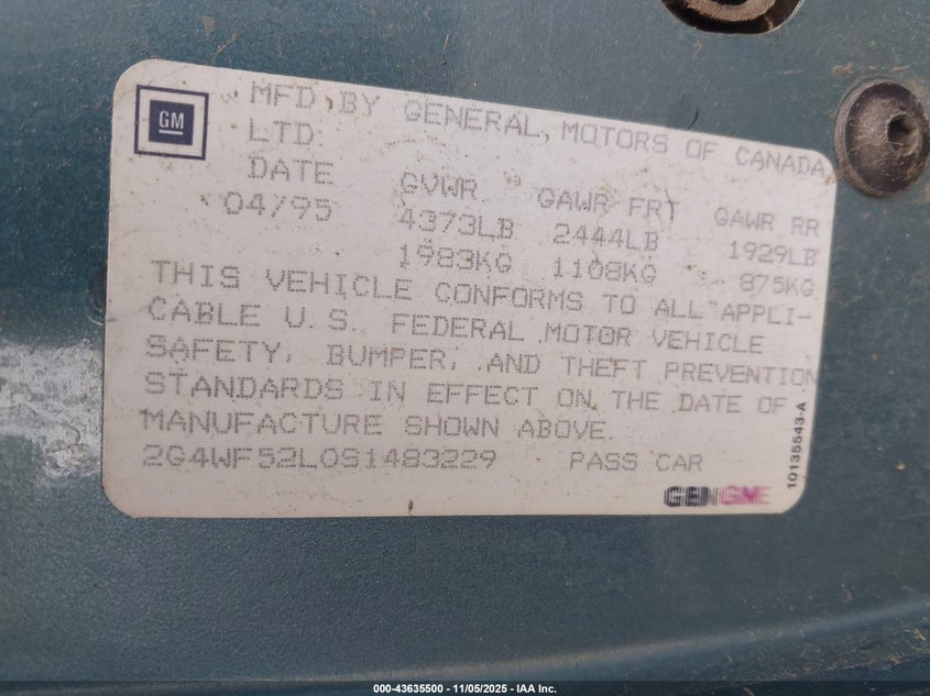 1995 Buick Regal Gran Sport VIN: 2G4WF52L0S1483229 Lot: 43635500