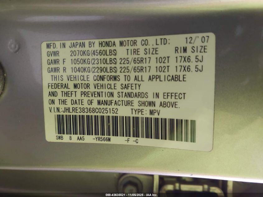 2008 Honda Cr-V Lx VIN: JHLRE38368C025152 Lot: 43635521
