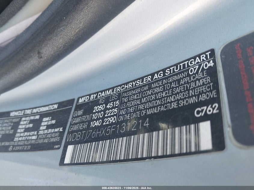 2005 Mercedes-Benz Clk 55 Amg VIN: WDBTJ76HX5F131214 Lot: 43635523