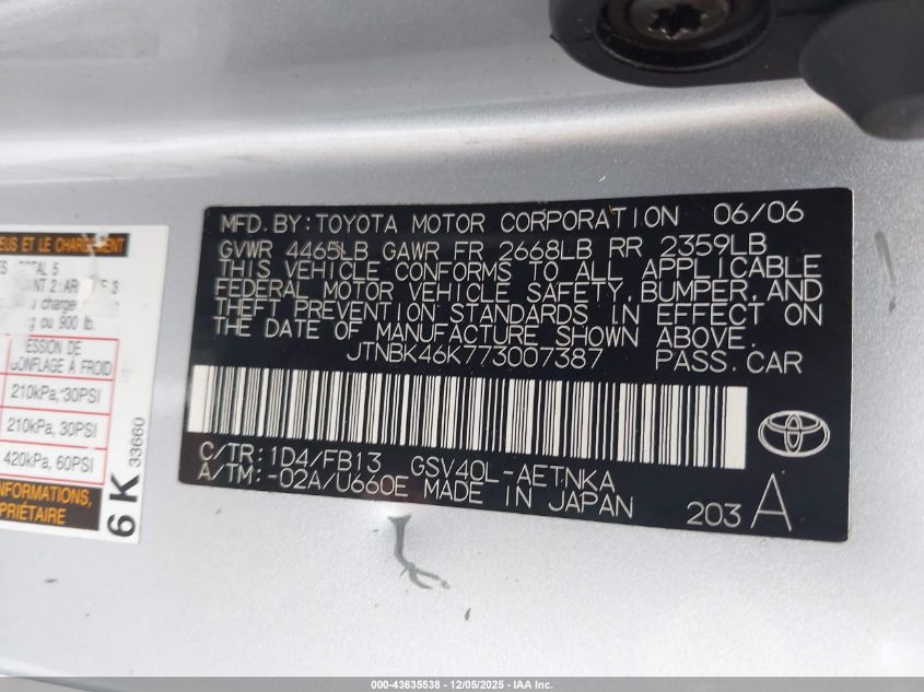 2007 Toyota Camry Le V6/Se V6/Xle V6 VIN: JTNBK46K773007387 Lot: 43635538