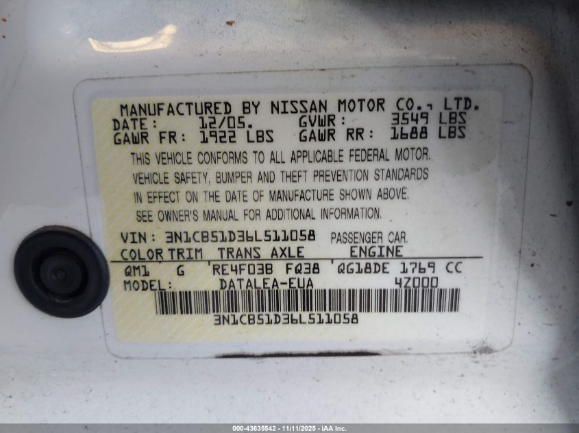 2006 Nissan Sentra 1.8S VIN: 3N1CB51D36L511058 Lot: 43635542