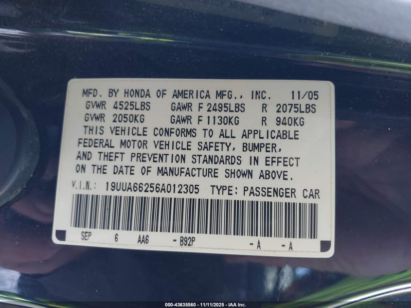 2006 Acura Tl VIN: 19UUA66256A012305 Lot: 43635560