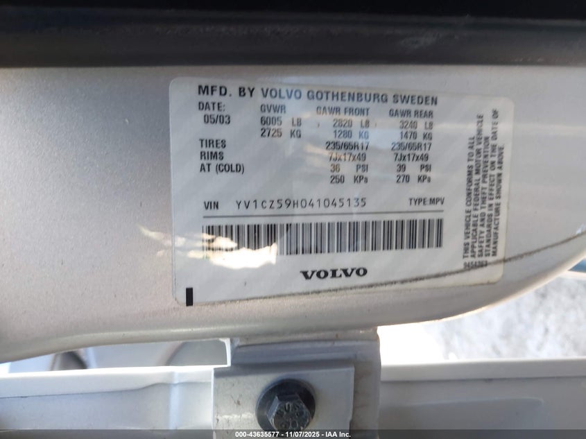 2004 Volvo Xc90 2.5T Awd VIN: YV1CZ59H041045135 Lot: 43635577