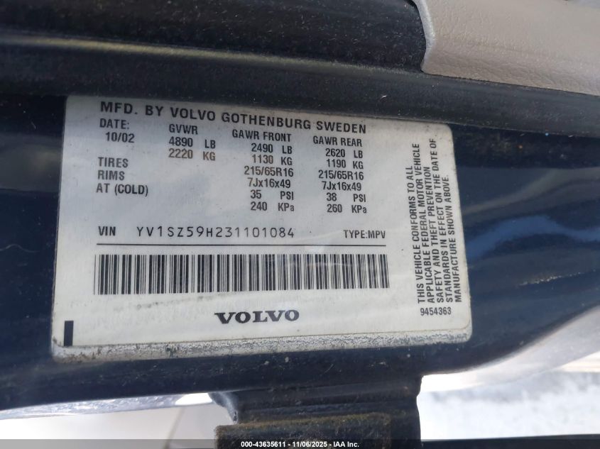 2003 Volvo Xc70 2.5T VIN: YV1SZ59H231101084 Lot: 43635611