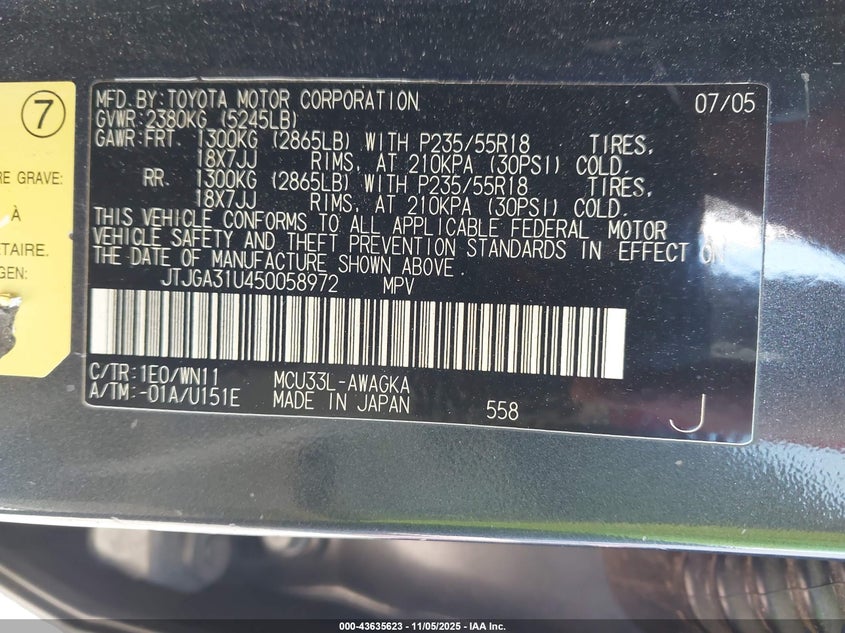 2005 Lexus Rx 330 VIN: JTJGA31U450058972 Lot: 43635623