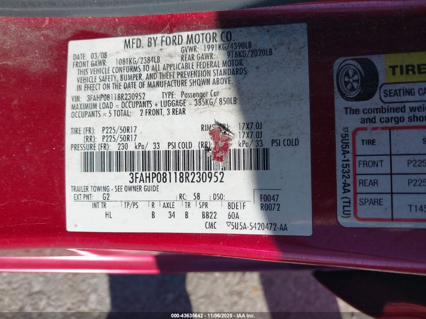 2008 Ford Fusion Sel VIN: 3FAHP08118R230952 Lot: 43635642