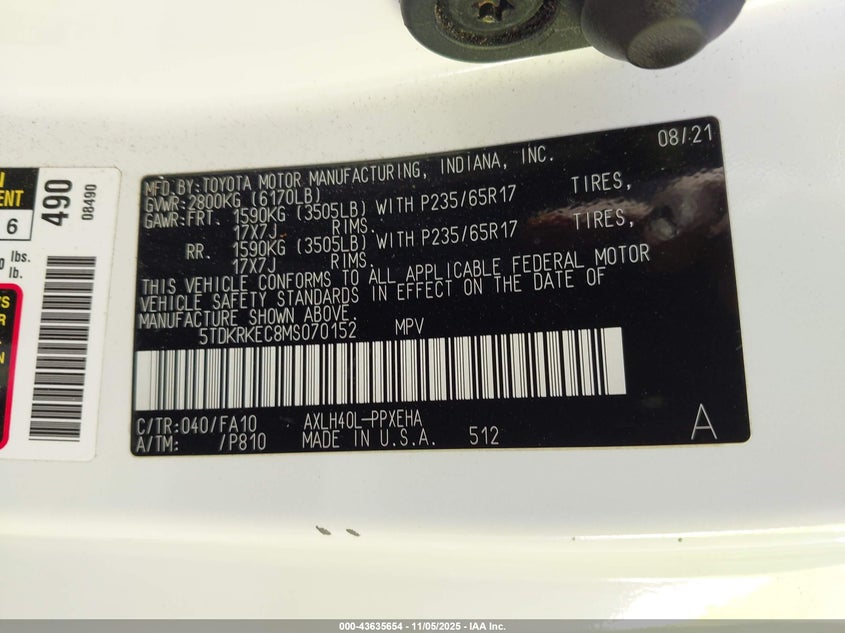 2021 TOYOTA SIENNA LE 5TDKRKEC8MS070152