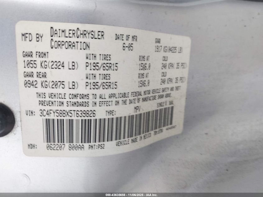 2005 Chrysler Pt Cruiser Touring VIN: 3C4FY58BX5T639826 Lot: 43635656