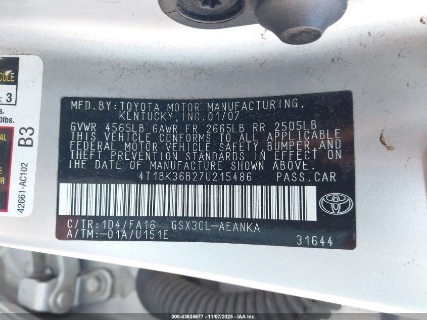 2007 Toyota Avalon Xl VIN: 4T1BK36B27U215486 Lot: 43635677