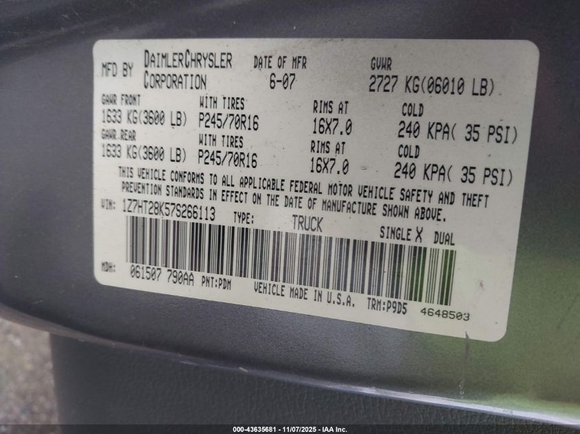 2007 Mitsubishi Raider Ls VIN: 1Z7HT28K57S266113 Lot: 43635681