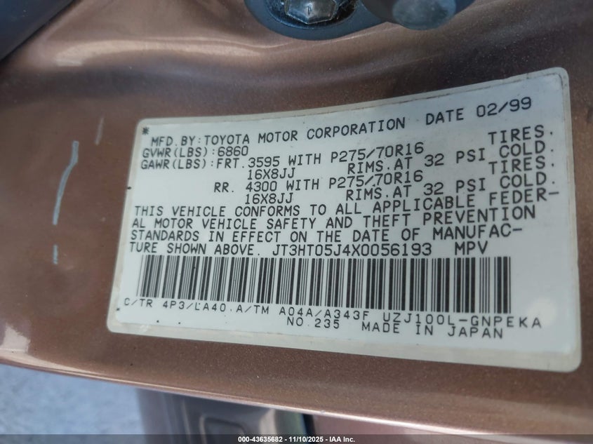 1999 Toyota Land Cruiser VIN: JT3HT05J4X0056193 Lot: 43635682